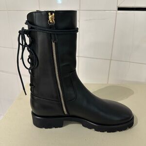 Dear Frances Black Leather Lace-Up Boots with Gold Zipper